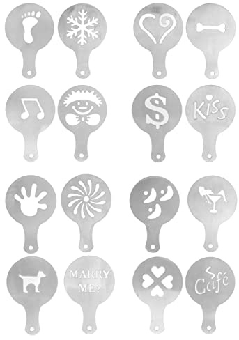 CHEOTIME 16Pcs Coffee Stencils Latte Art, Edible Aluminium Coffee Dessert Decoration Stencils for Coffee Lovers Decorating Cappuccino Latte Chocolate Design Decoration Duster