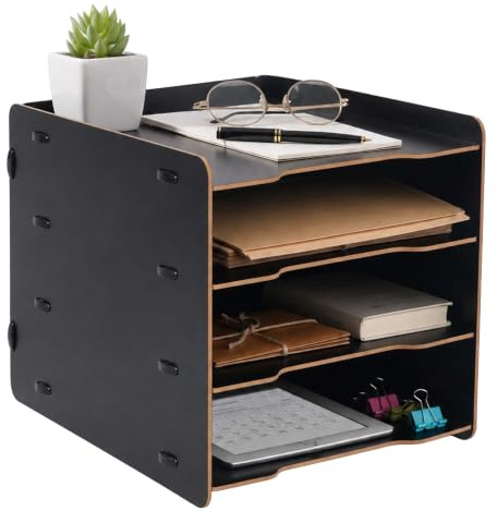 Relaxdays brevhållare, DIN A4, 4 fack, HBT: 25 x 25 x 31 cm, MDF, svart | Plug-in-system, förvaringsfack för kontoret, kontorsförvaring
