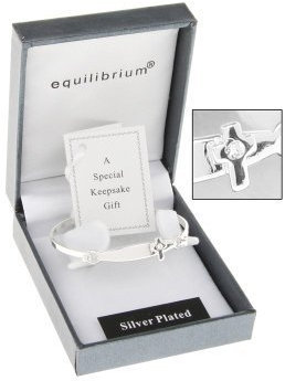 Equilibrium Silver Plated Christening Bangle with a cross