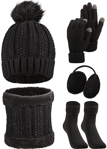 5 Packs Winter Warm Hat and Gloves Set Knitted Scarf Beanie Pompom Hat Winter Ear Warmer Ski Earmuffs Stocking for Women (Black, Classic Style)