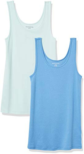 Amazon Essentials Women's Slim-Fit Scoop Neck Tank Top, Pack of 2, Aqua Blue/French Blue, Large
