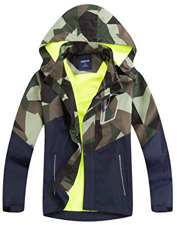 LAUSONS Kinder Gefütterte Regenjacke Jungen Camouflage Wasserdicht Jacke Leichte Übergangsjacke mit Abziehbar Kapuze Armeegrün DE: 104-110 (Herstellergröße 110)