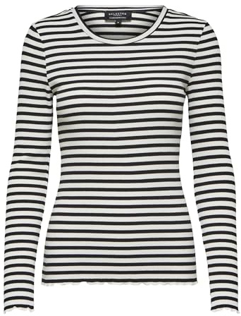 Selected Femme Maglia a Maniche Lunghe da Donna a Righe, Nero/Bianco, S