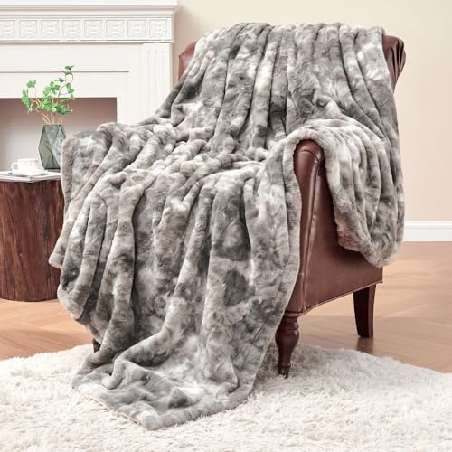Krifey Oversized Faux Fur Throw Blanket, Soft Fluffy Fuzzy Cozy Blanket for Couch, Sofa and Bed, Luxury Mink Plush for Women, Room Home Dorm Decor, Marbled Gray 60 x 80, Warm 600GSM