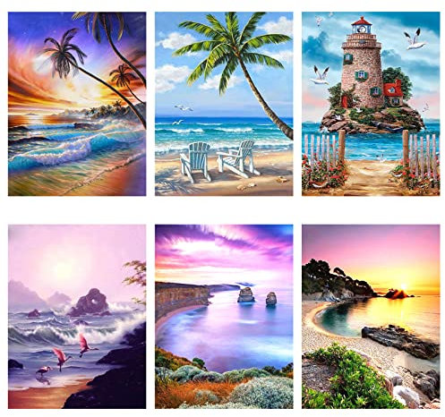 SupLetsico Diamond Painting Erwachsene Kinder, 6 Stück 5D Diamant Painting Bilder, Strand Landschaft Diamant Malerei Diamant Kunst Volle DIY Kristall Anfänger Art Set für House Wall Deko(30x40cm)