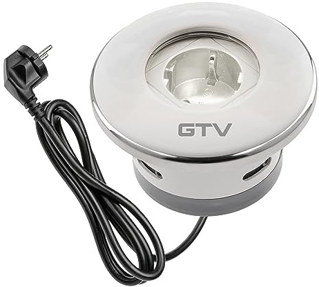 GTV – Möbeluttag SHUTTER, inbyggt uttag, 1 x Schuko-uttag, med praktisk förslutning, kabellängd 1,5 m, färg vit, för skrivbord, bordsskiva, kök och kontor