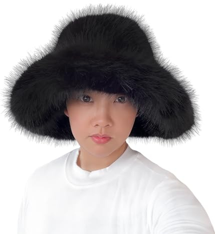 Lina & Lily Oversized Winter Faux Fur Bucket Hat for Women - Long Pile Fur Wide Moldable Brim (Black)