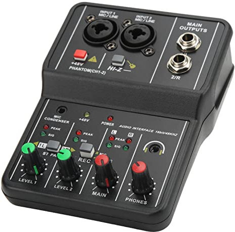Mixer Audio a 2 Canali, Console di Missaggio Audio con Alimentazione Phantom USB 48V Mixer DJ Professionali, Mixer Audio Controller DJ, per Registrazione, Streaming Live,Podcasting