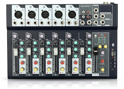 Professionelle 7 Kanal Stereo Sound Mischkonsole, Mischpult mit USB Bluetooth DJ Live Audio Mixer mit Fünf Klangeffekte Hall-Delay-Effekt für Stage Aufnahme, Heim-KTV, Bars, 48V Phantom Power