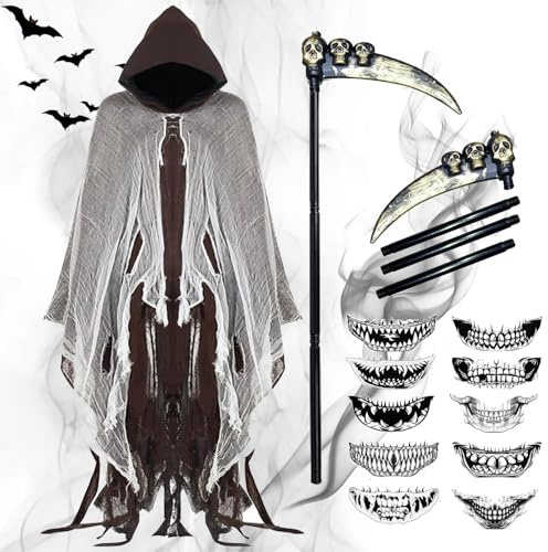 Morte Costume di Halloween, Mantello di Halloween con Cappuccio, Zombie Scar Tatuaggi E Falce, Costume da Mietitore Halloween, Costume Da Mietitore Adulto, Costumi Halloween Donna Et Uomo (Marrone)