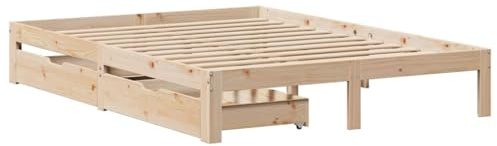 vidaXL Cadre de lit avec tiroirs 140x190 cm Bois de pin Massif, sommier, Cadre de lit Double, Cadre de lit en Bois Massif, Meuble de Chambre à Coucher