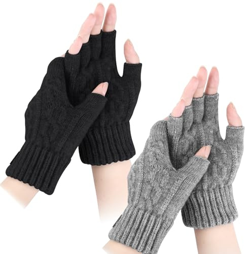 Halinuia 2 Paia Guanti Senza Dita Termici, Guanti Invernali Donna Uomo Unisex Mezza Dita, Guanti Caldi in Lana Alpaca Touch Screen, Guanti Nero Grigio per Ciclismo Guida Corsa Escursionismo Sci Regali