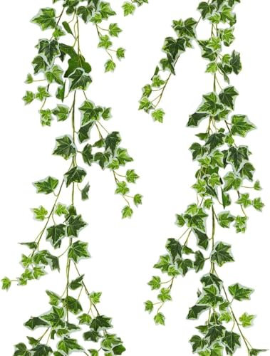 Lierre Artificiel 2 Pièces Exterieur Faux Lierre 180cm Inodore Fausses Guirlande Lierre en SoieVertes Feuilles Décoration Lierres Artificielles Guirlande Faux pour décorer maison et bureau(vert blanc)