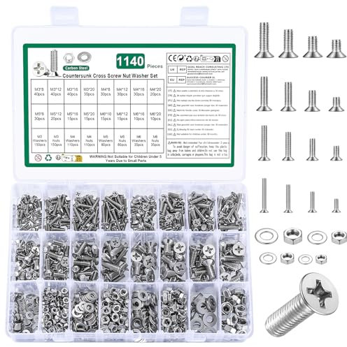Lot de 1140 vis M3 M4 M5 M6 à tête fraisée et écrous cruciformes avec rondelles (argent, M3, M4, M5, M6)