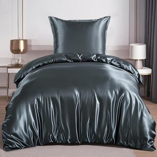 RUIKASI Satin sängkläder 155 x 220 grå – silkeslent lyxigt påslakan med glans som sidensängkläder set för hår och hud, glänsande sängkläder 155 x 220 cm med dragkedja och örngott 80 x 80 cm