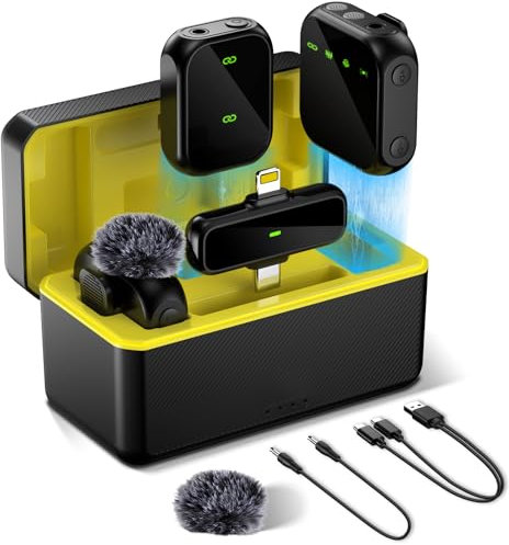 LIUWID Microfono Lavalier Wireless,(2 TX + 1 RX + custodia di ricarica),Microfono Wireles,Cancellazione del Rumore,Microfono Wireless Lavalie per PC, iPhone, interviste, YouTube, vlog