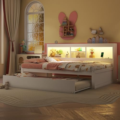Gegtuon Letto Singolo Divano in Legno per Bambini 90x200 con Illuminazione LED e USB, Struttura Letti con Letto Estraibile e Ripiano per Ragazzi, Letti Casa con Rete a Doghe, senza Materasso, Bianco