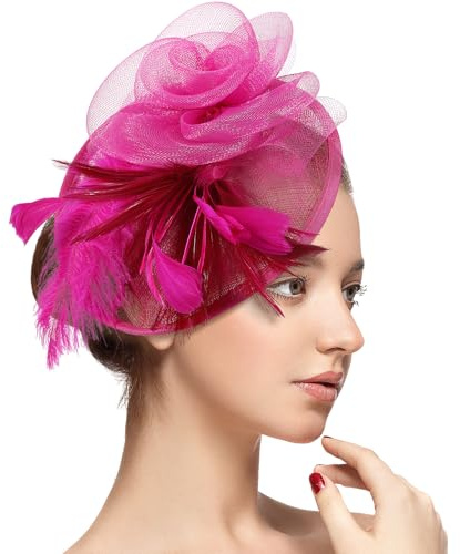 SINSEN Bibi pour mariage, femme, plumes et fleurs en maille avec pince à cheveux, chapeau pour mariée, dames, invités, pour fête, église, cocktail, soirée, bal de fin d'année, rose fuchsia, Taille