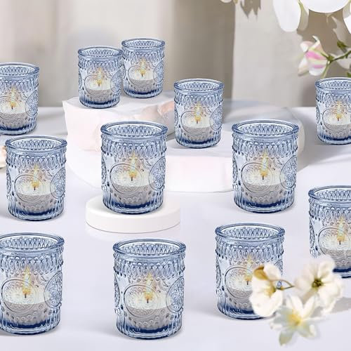 Lot de 24 photophores en verre bleu pour table, décorations vintage en relief pour mariage, église, centre de table, fête d'anniversaire, décoration d'intérieur (pilier)
