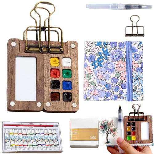 Gqiwub Tobios Mini Watercolour Kit, Tobios Mini Watercolour Paint Set Travel, With Wooden Grid Paint Box, M-ini Portable Wooden/Acrylic Grid Paint Box Palette Se-t (Wood, C)