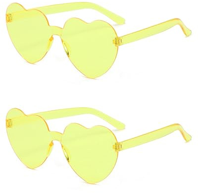 JUKOTA Lunettes de Soleil en Forme de Coeur, Lunettes Parti de Soleil Hippie Lunettes de Soleil Transparentes en Forme de Cœur sans Monture pour été Party Cosplay de Fête Noël, jaune citron