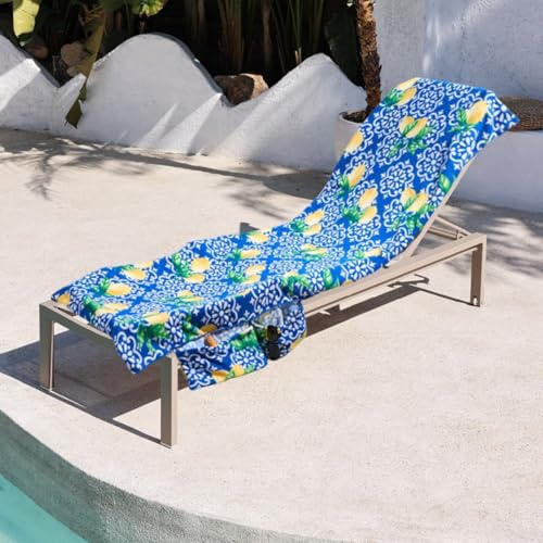 Surwin Sun Lounger Towels with Pockets and Bag, Portable Beach Sunbed Towels Microfiber Quick Dry Travel Beach Chair Cove for Sun Lounger, Pool Chair (75x210cm,TT01Yellow lemon)