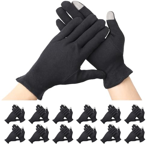 Segbeauty Guantes de Algodon Dermatologicos, 12 Pares Guantes Hidratantes de Pantalla Táctil Negros, Reutilizables y Cómodos, para Dormir con las Manos Secas (L)