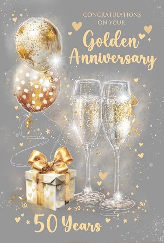 Cherry Orchard | Card for Golden Anniversary | 50th Wedding Anniversary Card | Gorgeous Champagne Flutes & Shimmering Balloons | Gold Foil Finish | Luxury Insert