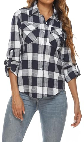 Famrrifuu Camicia Flanella Donna Classica Manica Lunga Camicia a Quadri Blusa Scozzese Button Down Casual Cotone Shirts Vintage, Bianco Blu, L