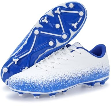 FEETHING Adult Soccer Cleats Lightweight Breathable Football Shoes with FG Studs for Men and Women Enhanced Traction for Firm Ground,White/Blue,8