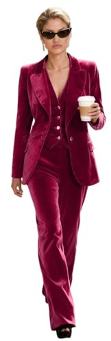 Botong Costume 3 pièces en velours pour femme avec revers en pointe, blazer à un bouton, gilet et pantalon, fuchsia, M
