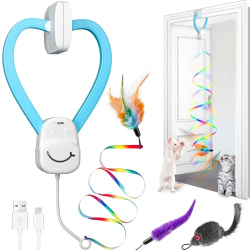Interactive Cat Toys for Indoor Cats: Automatic Door Hanging Toy with Feather Wand, Quiet Self Play Chase Exercise Enrichment for Bored Kittens, Adult, Multi Cat Households, Type-C Durable Safe Toy