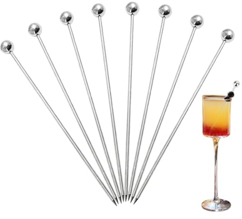 QEXUJOW Palillos para cócteles,Paquete de 8 brochetas de cóctel de acero inoxidable, brochetas de fruta metálicas reutilizables, perfectas para brochetas de fruta, martinis y aceitunas a la parrilla.