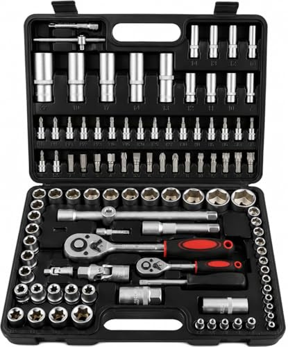 Fenix Home Set Chiavi a Bussola 108 Pezzi con Cricchetto Reversibile 1/4 e 1/2, Cassetta Attrezzi Professionale in Acciaio Cromo Vanadio, Kit Bussole e Punte per Meccanica Auto e Fai da Te