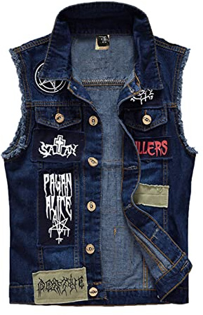Gilet en Jean Pour Hommes Style Rock Vintage - Denim Veste Sans Manches Biker Déchiré Effiloché avec Patch de Mode et Revers Cowboy
