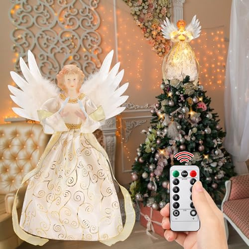 PEEKI Christmas Tree Topper, 12 Angel Treetop with Lights and Remote Control Timer, Christmas Tree Decoration for Holiday Ornament and Home Decor, Ivory and Gold
