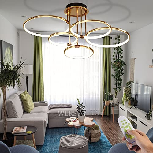Modern LED-taklampa Vardagsrumslampa Kreativitetsring Taklampa Ljusfärg och ljusstyrka Justerbar med fjärrkontroll Sovrumskrona Metall Akryl Rund takkrona (guld-, Ø93cm/108W)