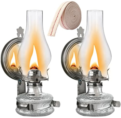 GXFCCYXT 2 Pcs Large Kerosene Lantern Wall Mounted Vintage Glass Clear Kerosene Lamp Rustic Oil Lamp with 39 Inch Oil Wick for Indoor Use Home Decor Lighting - Gray-Black