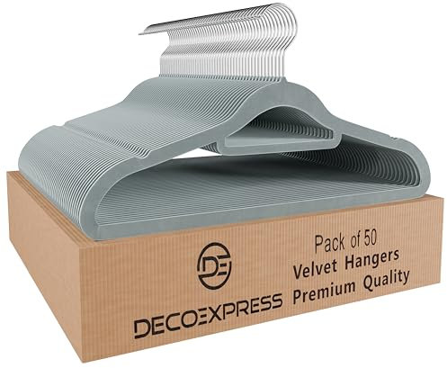 Deco Express Klassische Kleiderbügel Samt, rutschfeste & Platzsparende Kleiderbügel im Multipack (Grau, 50er-Pack)