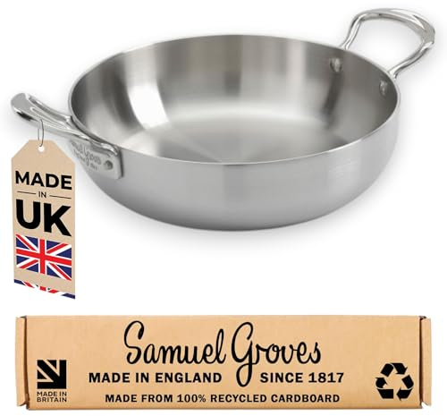 Samuel Groves 28cm Stainless Steel Tri-Ply Chef’s Pan - Long Handle - Fully Clad Professional Cookware, Induction & Oven Safe, Durable Stainless Steel - UK Made, Britain’s Oldest (Side Handles, 24cm)