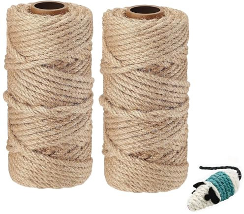 YeaHapiday 2 cuerdas de sisal de 50 m x 6 mm, cuerda de cáñamo para rascar gatos, cuerda de yute natural con 1 juguete de ratón para gatos, para reemplazar postes rascadores, agrupación de jardín,