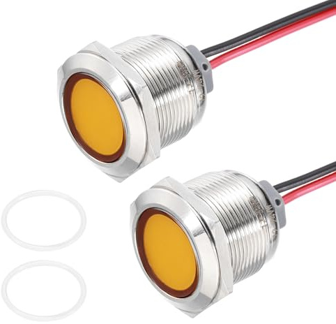 PATIKIL 2Pcs 22mm(7/8) Indicator Light,12V-24V AC/DC 20mA LED Metal Signal Lamp Waterproof IP67 Flat Head Signal Lights with 205mm(8) Cable for Boat Car,Yellow