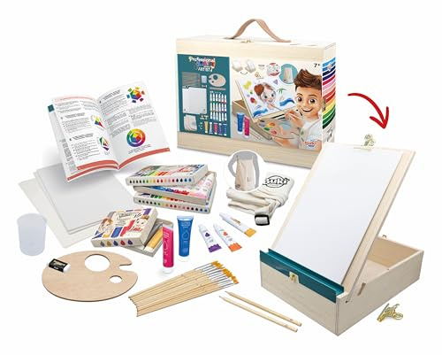 Buki France - Professional Studio Atelier Artiste - Mallette Peinture Acrylique en Bois avec Chevalet Transformable – Kit Complet avec 18 Tubes de Peinture et Accessoires – Guide Illustré – Dès 7 Ans