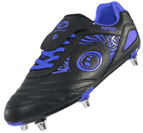 Optimum Razor Kids Rugby Boots, Lightweight 8 Stud Design Crafted for Elite Traction & Power to Drive Through the Scrum, Performance Ready for Soft Ground (SG) Grass Pitches - Black/Blue, Size 6