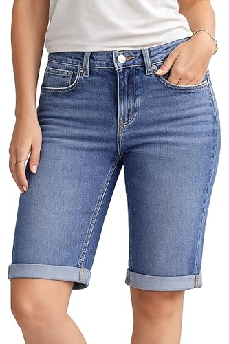 NOROZE Pantaloncini da Donna in Denim – Jeans Lunghi al Ginocchio da Donna con Tasche – Pantaloncini Estivi con Risvolto in Vita – Leggeri e Comodi vestibilità – Taglie dalla 34 alla 48, Blu E427, 54
