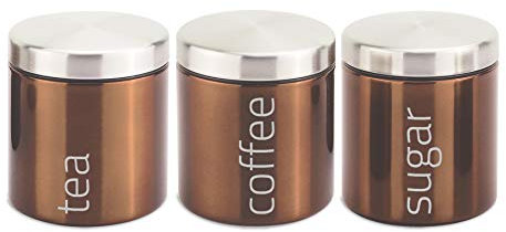 SQ Professional Stainless Steel Tea Coffee Sugar Canisters Sets of 3 Tea Caddy Sets for the Kitchen Storage Pots Jars Tea and Sugar Containers Copper (Axinite)
