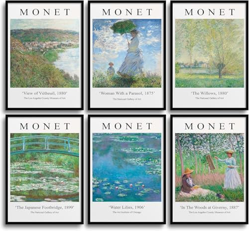MONOKO® Monet - Set di immagini eleganti, poster vintage, stampe artistiche da parete, per soggiorno, 6 x A4, senza cornice