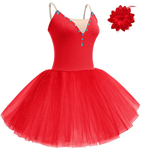Dance Leotards for Women with Flower Hair Clip Adult Ballet Dress Spaghetti Shoulder Straps One Piece Ballerina Outfits Dance Maxi Dress Gymnastics Leotards Tulle Skirts Red Medium