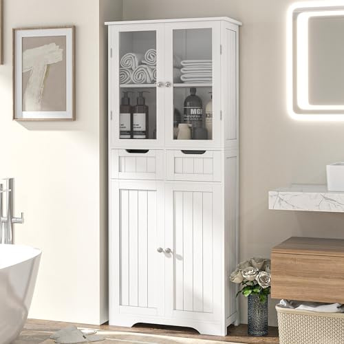 TOLEAD 67 Tall White Bathroom Cabinet Storage Cabinet, Freestanding Storage Cabinet with Glass Door and Adjustable Shelves, Bathroom Cabinet for Living Room, Kitchen, Dining, White