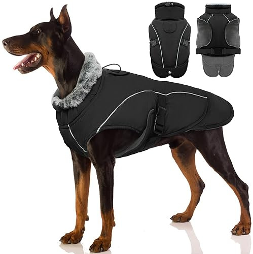 Cappottino per cani XL, impermeabile, extra large, foderato in pile, giacca invernale elegante con cappuccio con foro per imbracatura, mantiene l'animale domestico caldo e asciutto durante le